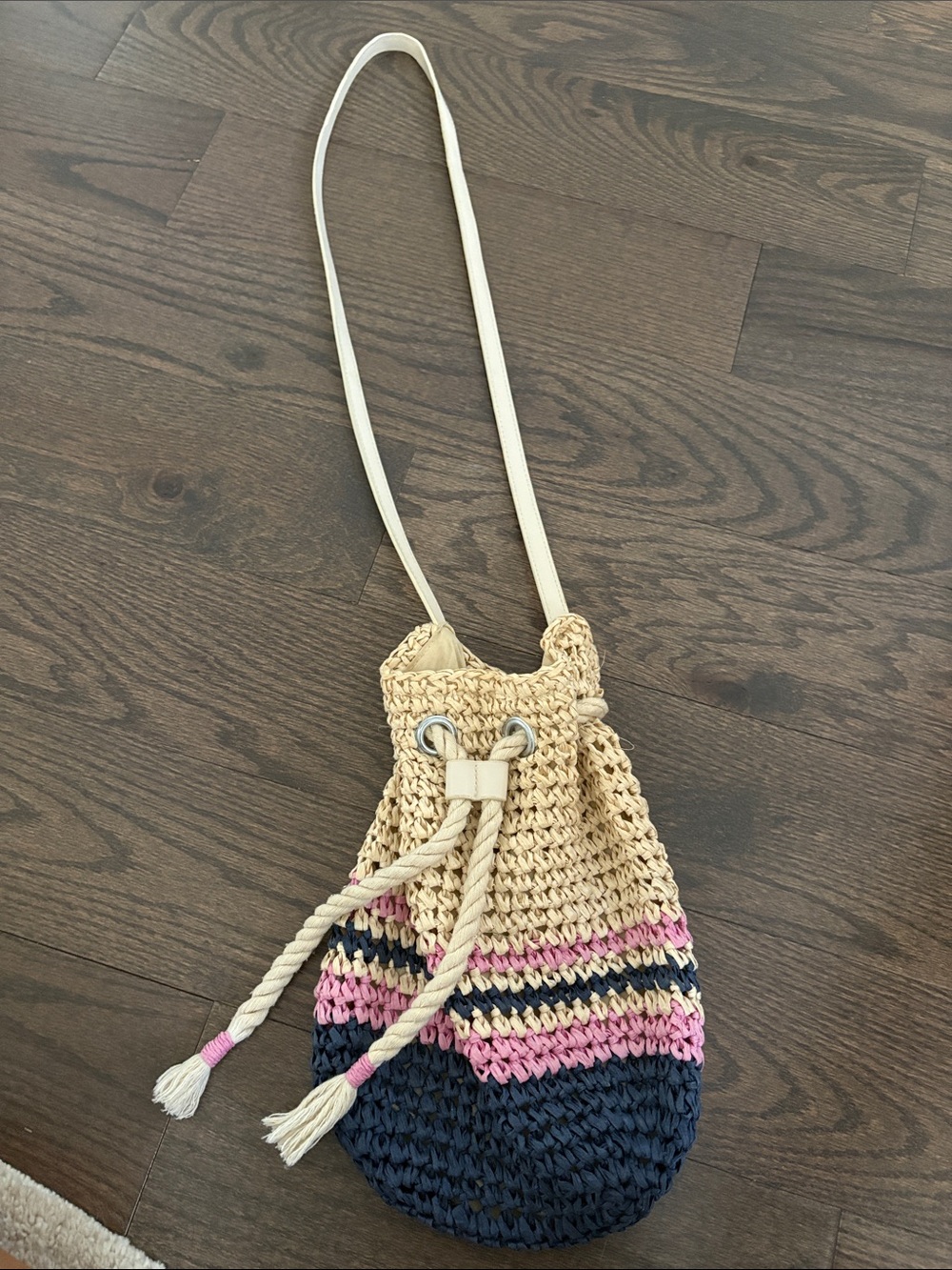 Woven Drawstring Crossbody Bag in Natural, Pink & Navy